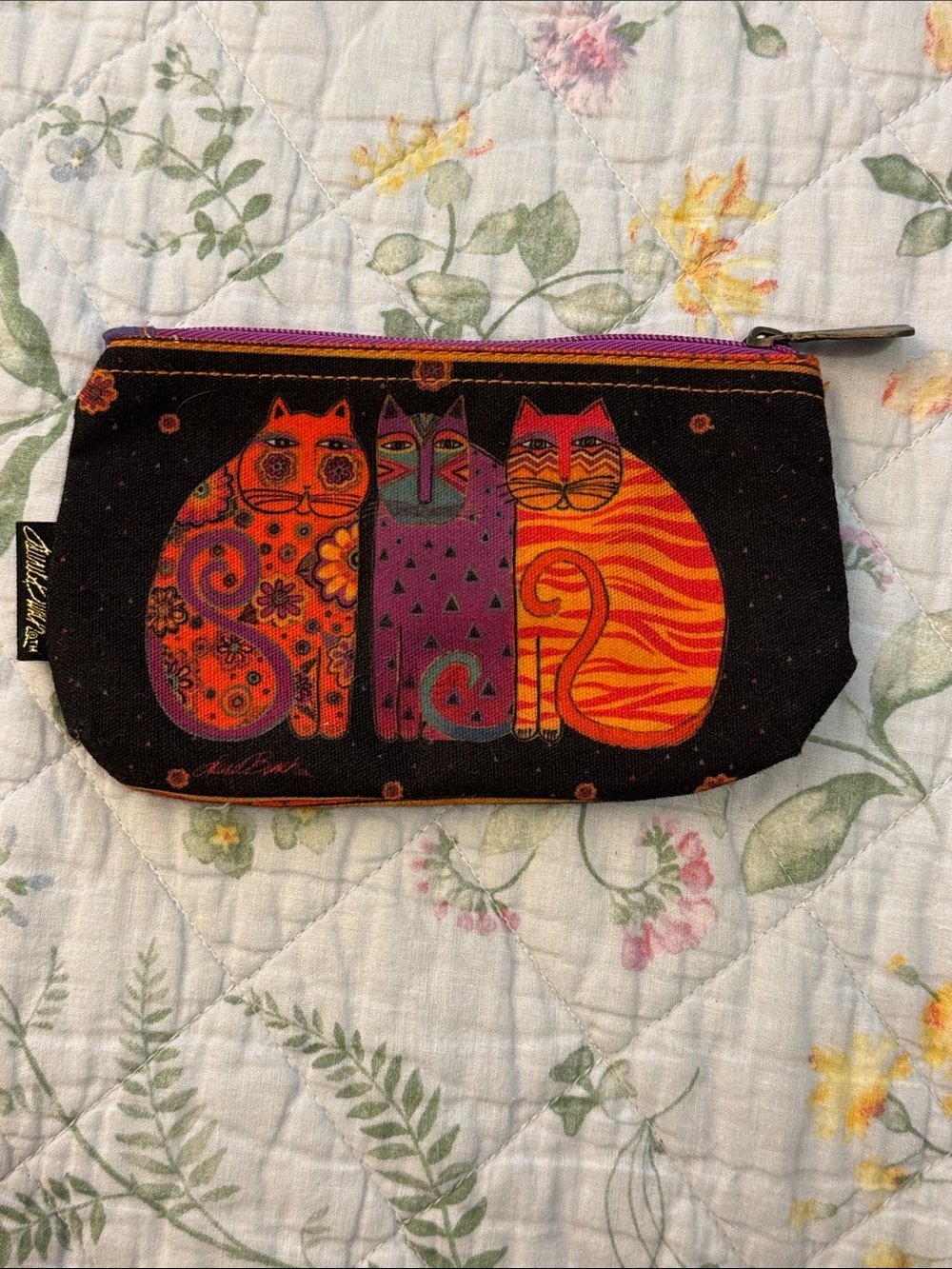 Laurel Burch Colorful Painted Cats On Black Canvas Cosmetic Bag Orange Kitty